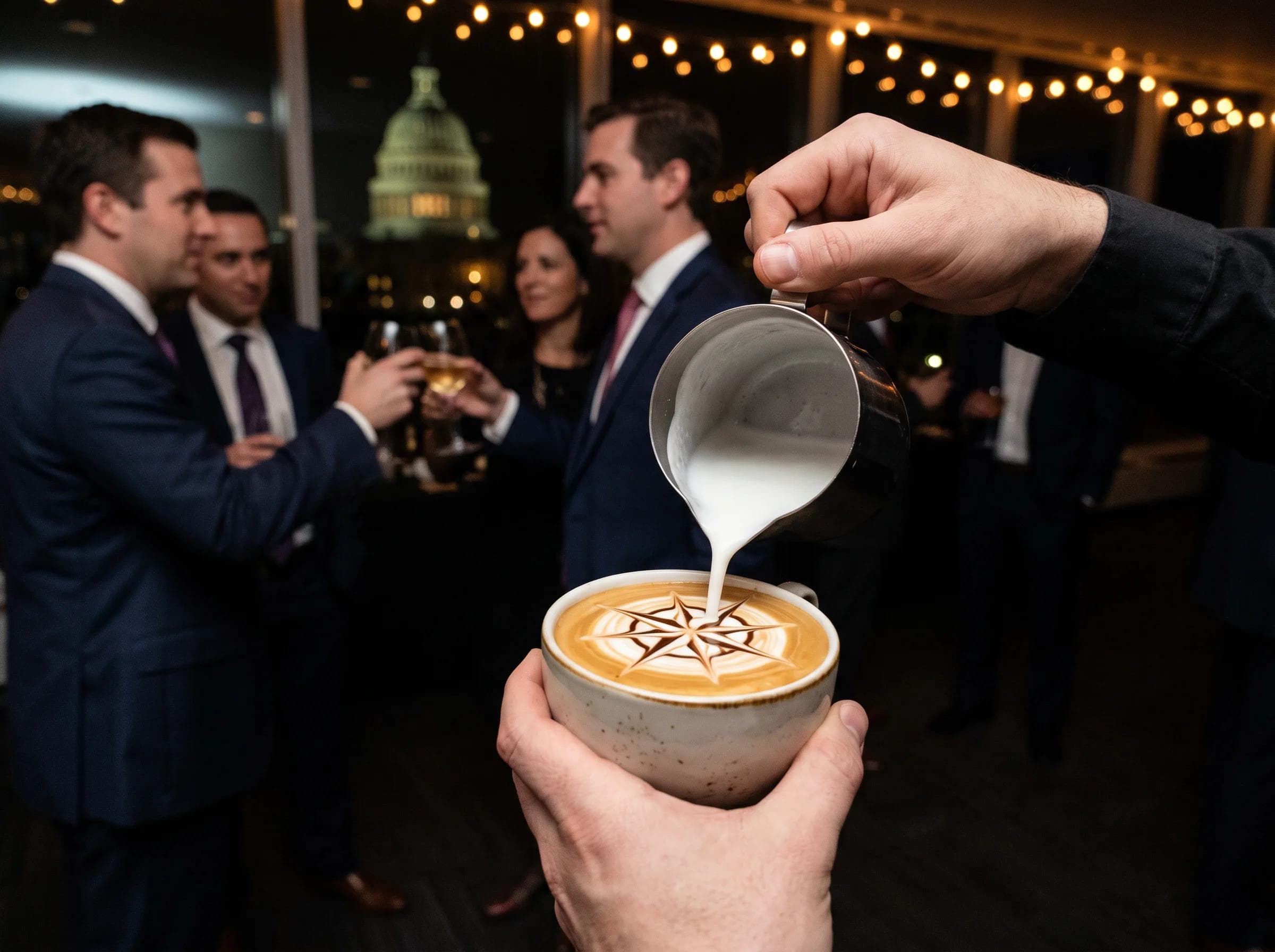 Close-up of custom logo latte art being poured at a corporate gala in Washington DC, sophisticated evening event setting
