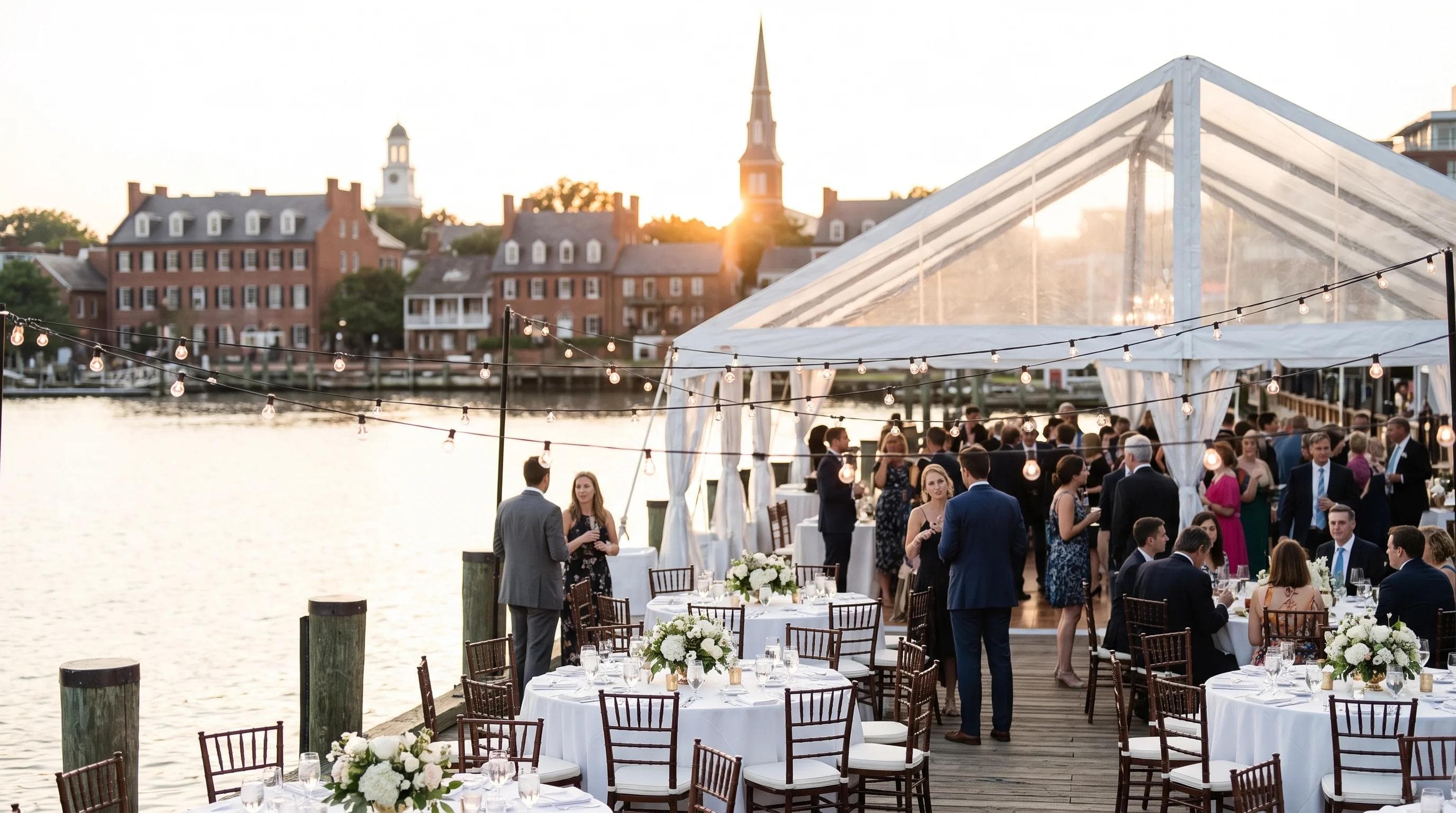 Waterfront wedding reception setup in Alexandria Virginia with the Potomac River and historic brick buildings in the background