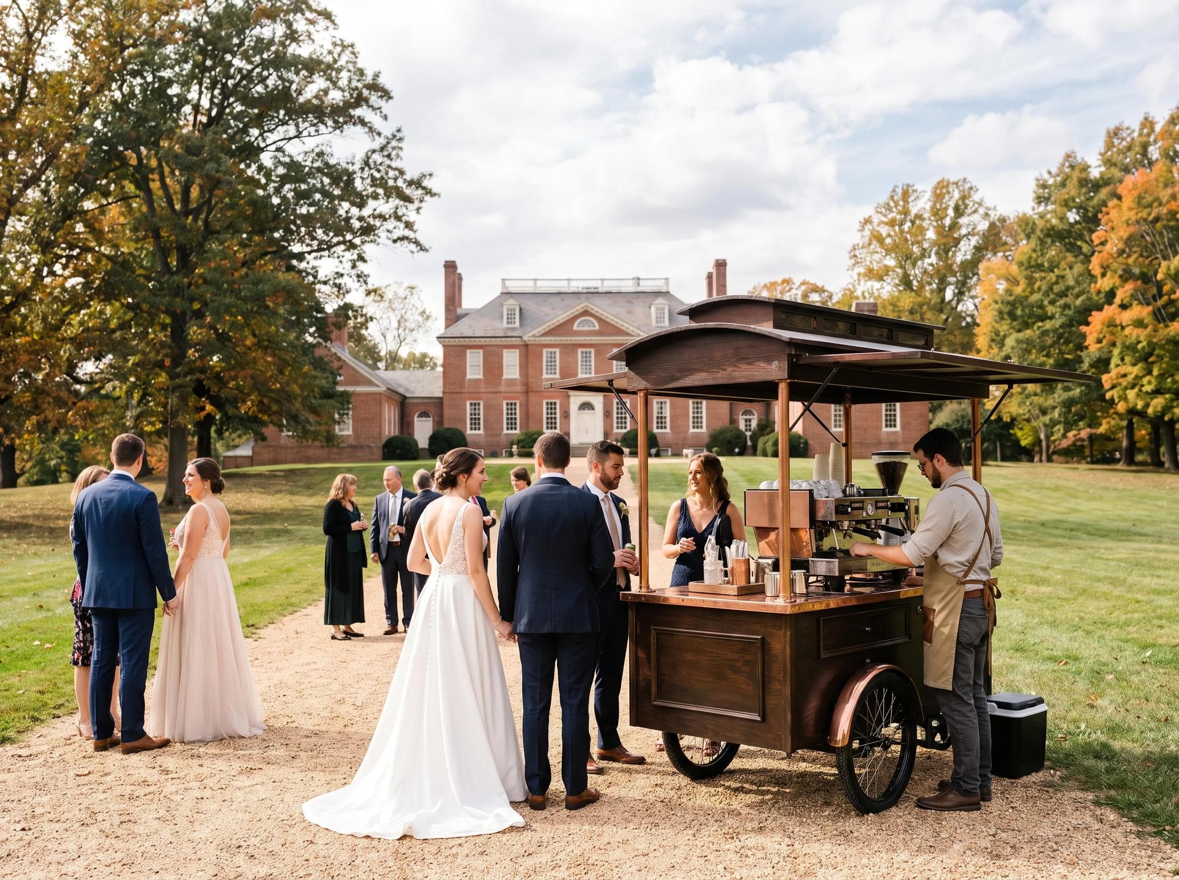 Historic Georgian estate wedding coffee cart in Laurel Maryland, 18th-century mansion architecture and parkland grounds in the background