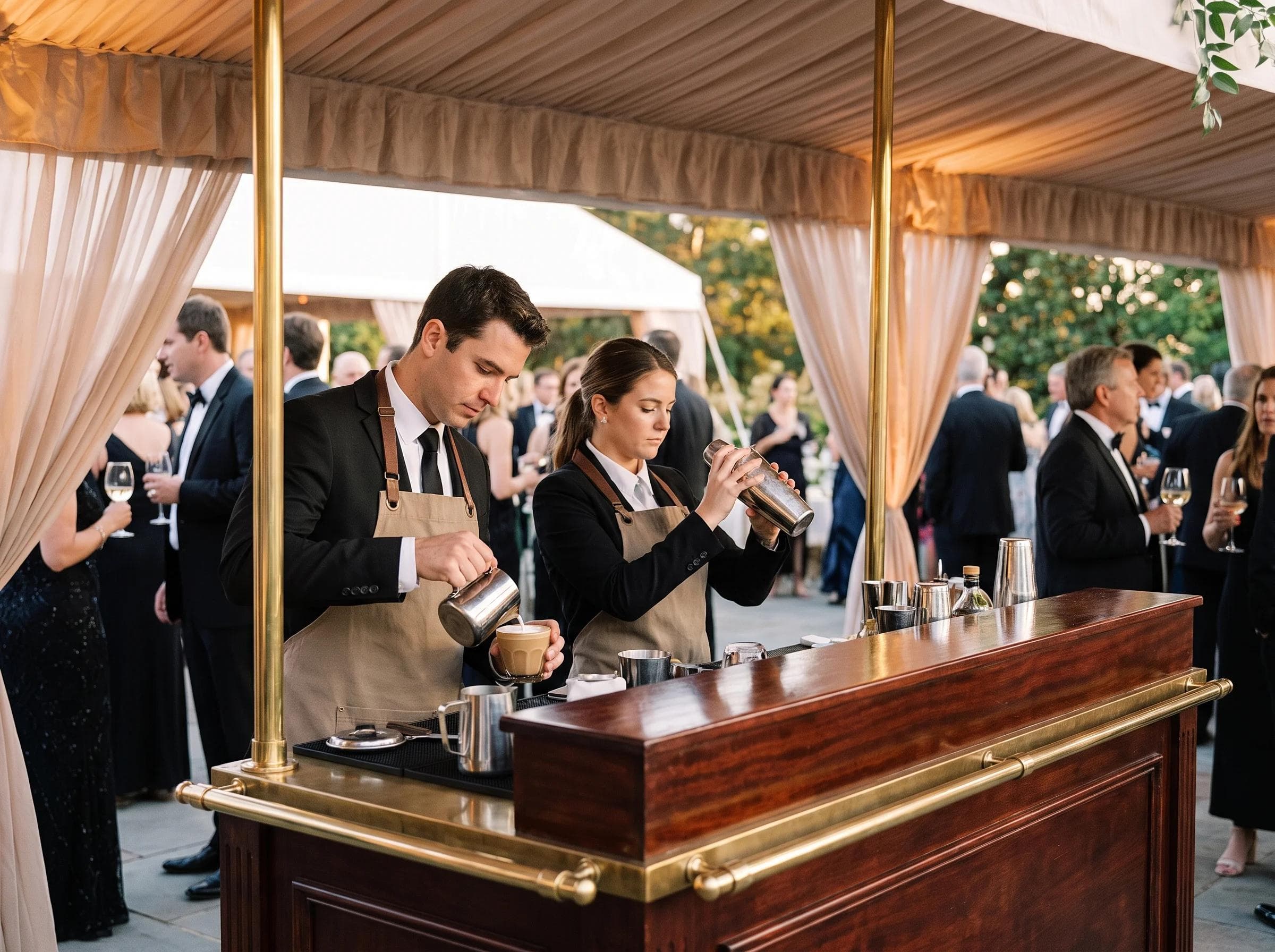 Two baristas working a cocktail hour coffee station in parallel at a large wedding reception, efficient and elegant service