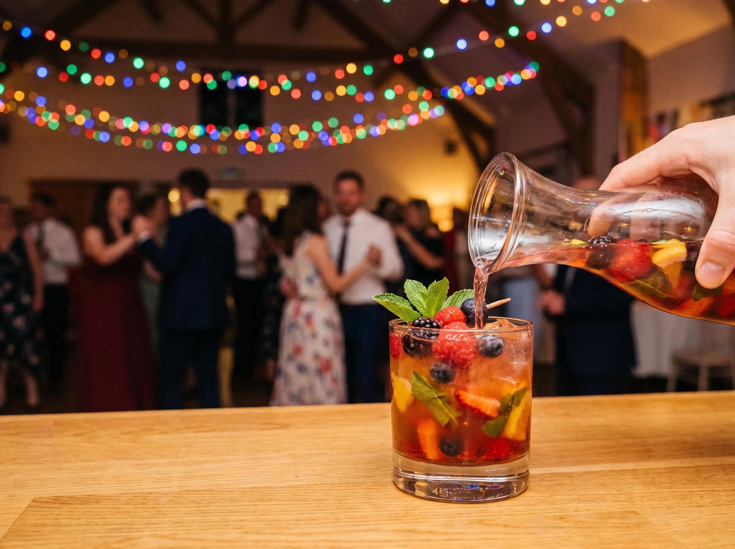 Close-up of a festive mocktail being poured at a Bar Mitzvah celebration in Rockville Maryland, colorful string lights and dance floor blurred behind