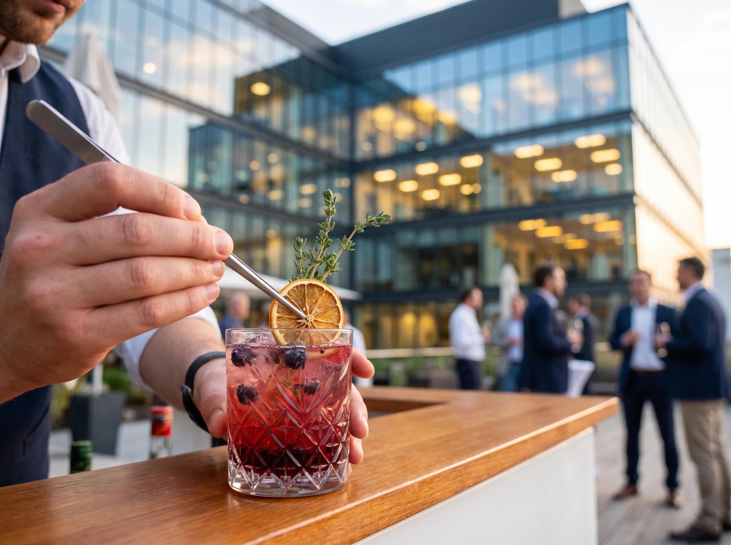 Close-up of a signature mocktail being garnished at a Fairfax Virginia corporate campus event, modern glass office building softly blurred behind