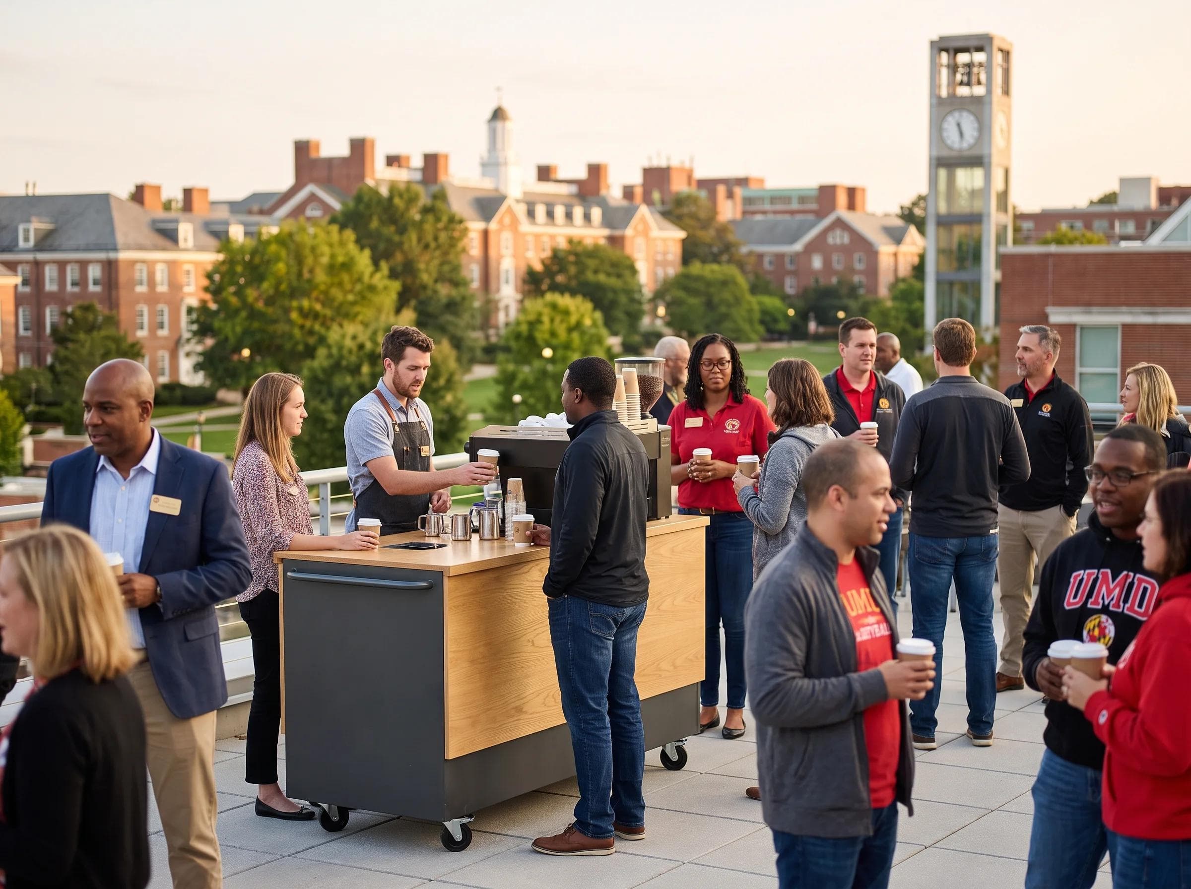 Modern rooftop coffee cart at a University of Maryland alumni event in College Park Maryland, campus skyline softly blurred in the background