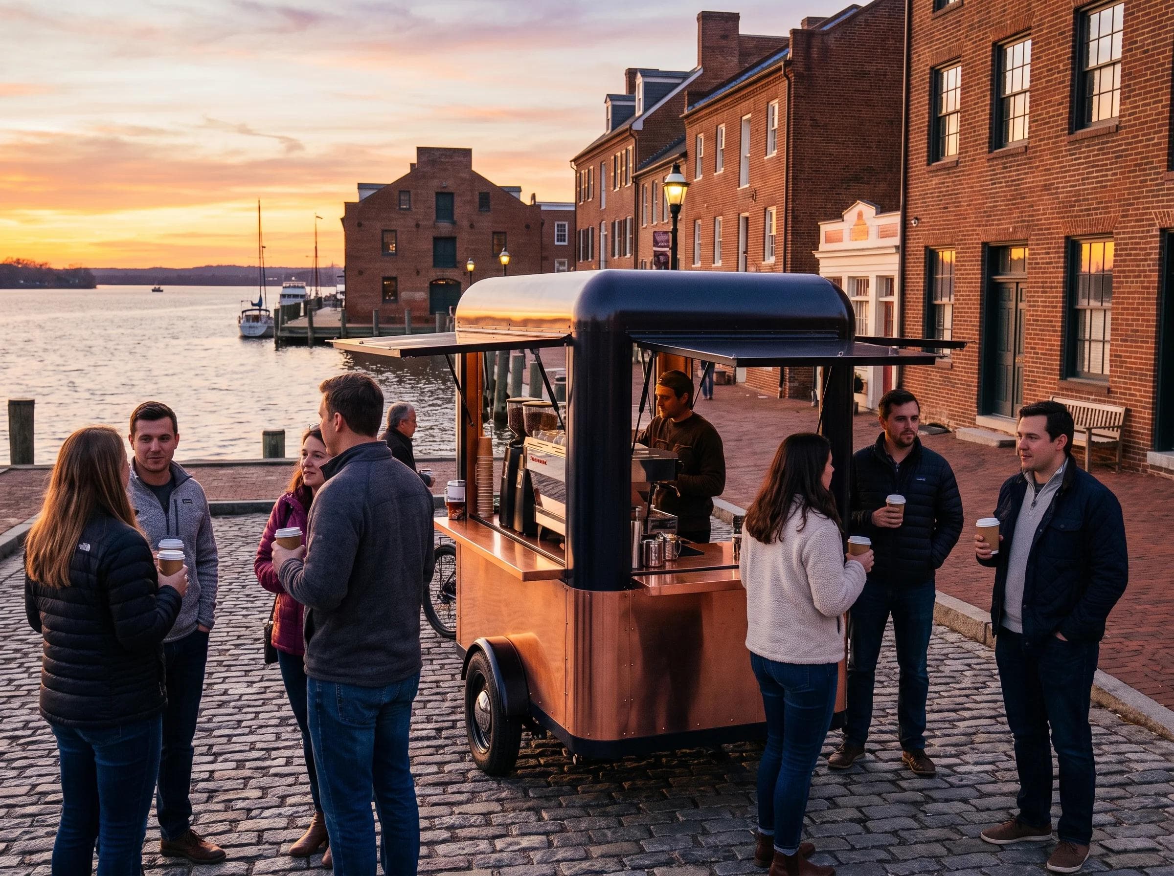 Mobile coffee cart set up along the Old Town Alexandria waterfront at sunset, historic brick buildings and Potomac River in the background, copper and obsidian branded cart