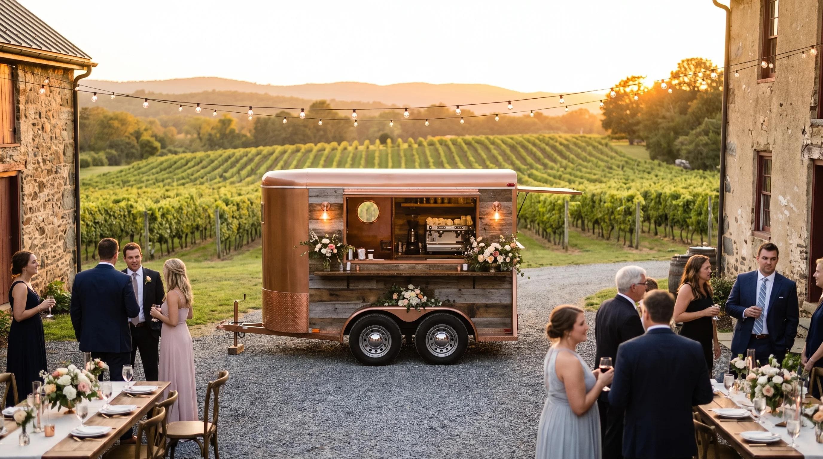 Rustic-elegant mobile coffee cart at a Loudoun County Virginia winery wedding reception, vineyard rows visible at sunset