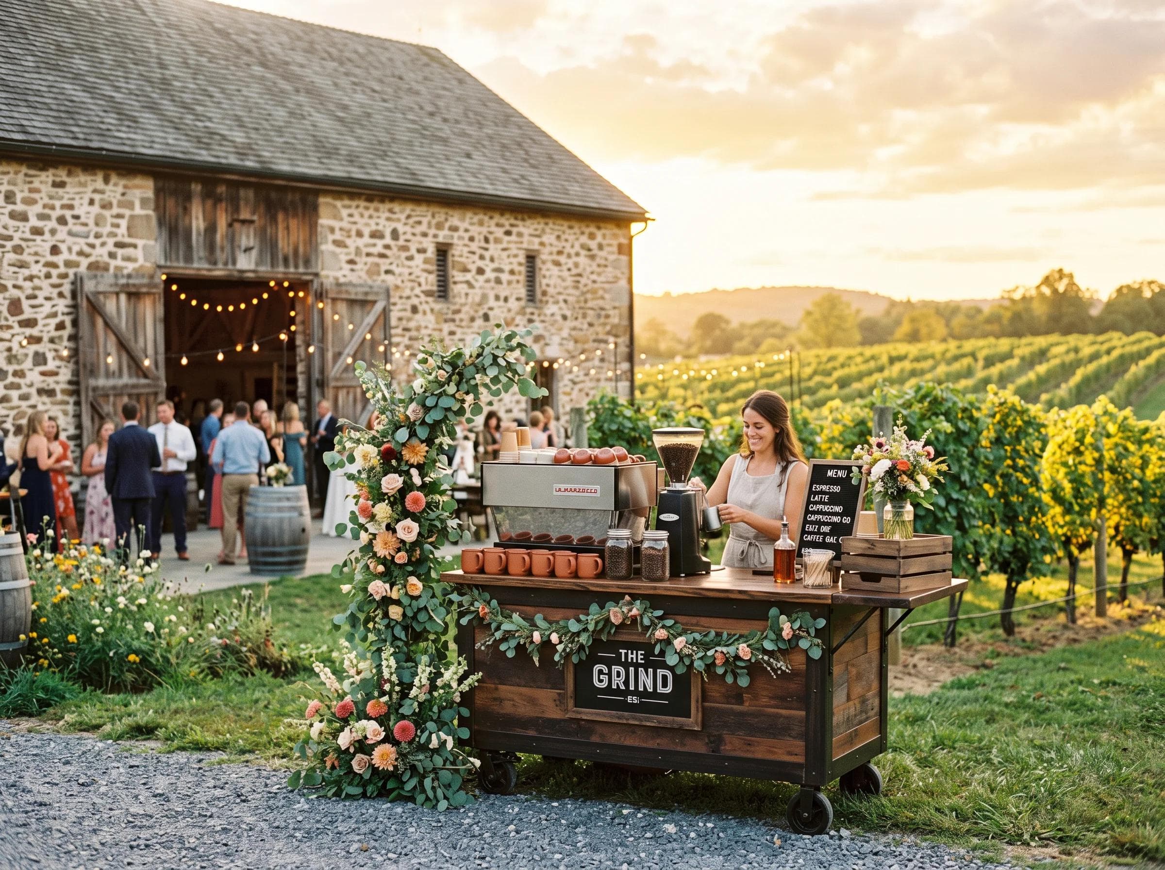 Rustic farm wedding coffee cart in Poolesville Maryland, restored bank barn and vineyard rows in the background, warm golden-hour light