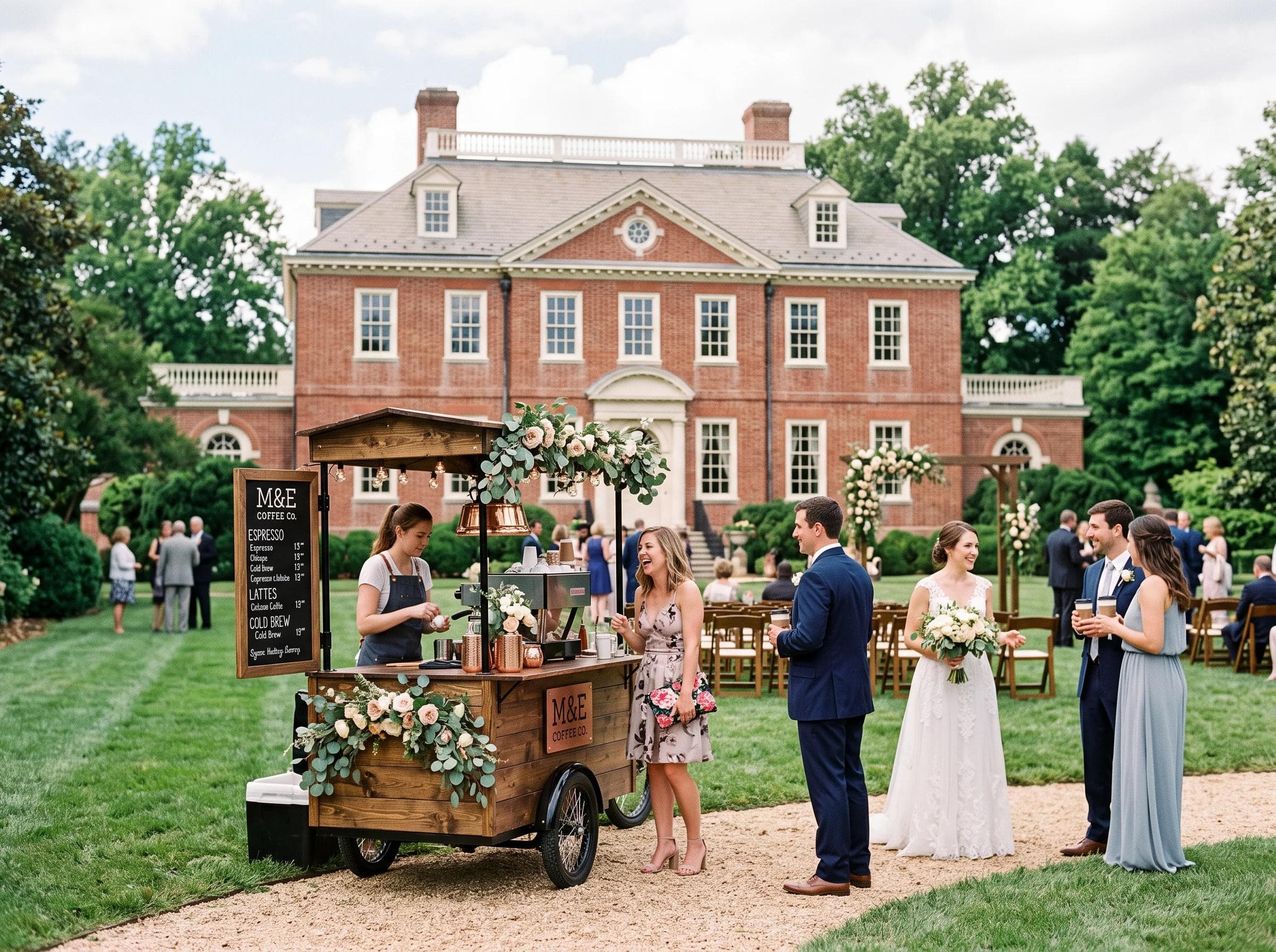 Historic Georgian mansion wedding coffee cart in Bowie Maryland, red brick colonial architecture and manicured lawn in the background