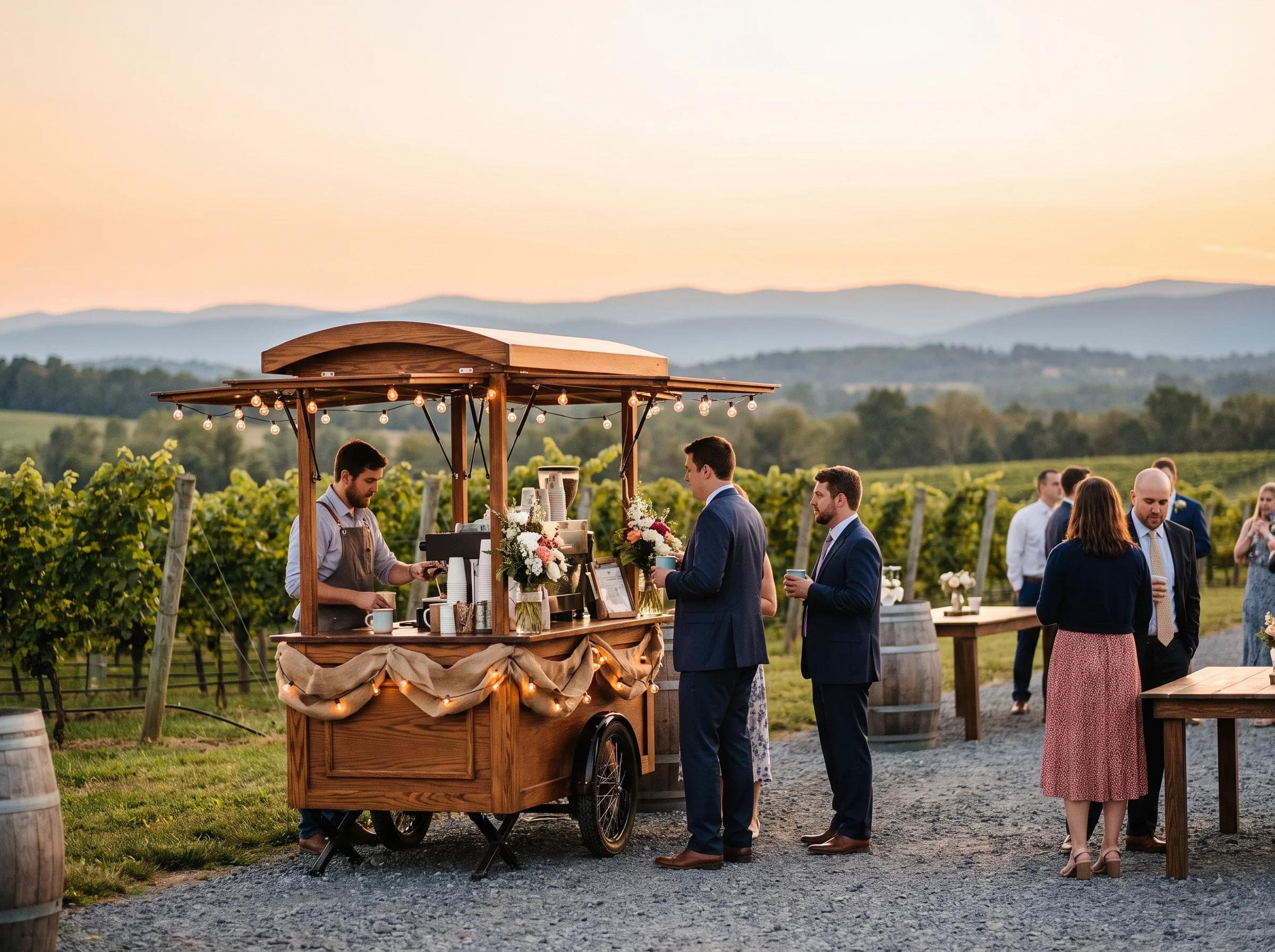 Rustic-elegant mobile coffee cart at a Loudoun County vineyard wedding, rows of grapevines and Bull Run Mountains in the background, warm golden-hour light