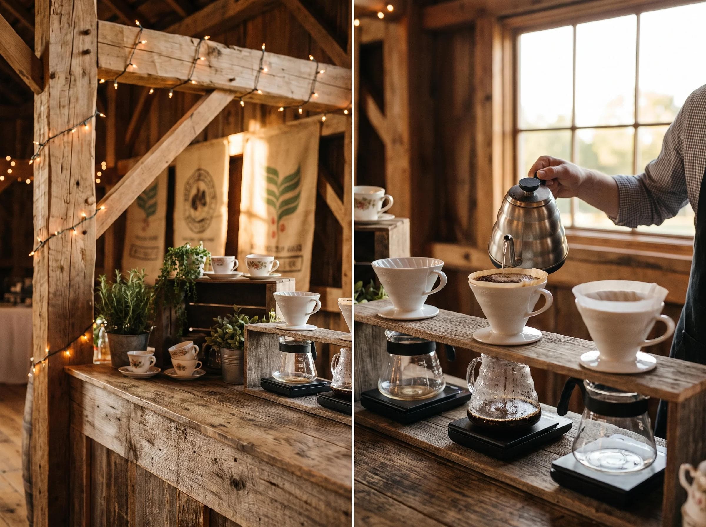 Rustic barn wedding coffee bar in Vienna Virginia with exposed wood beams and string lights, close-up of a pour-over coffee service