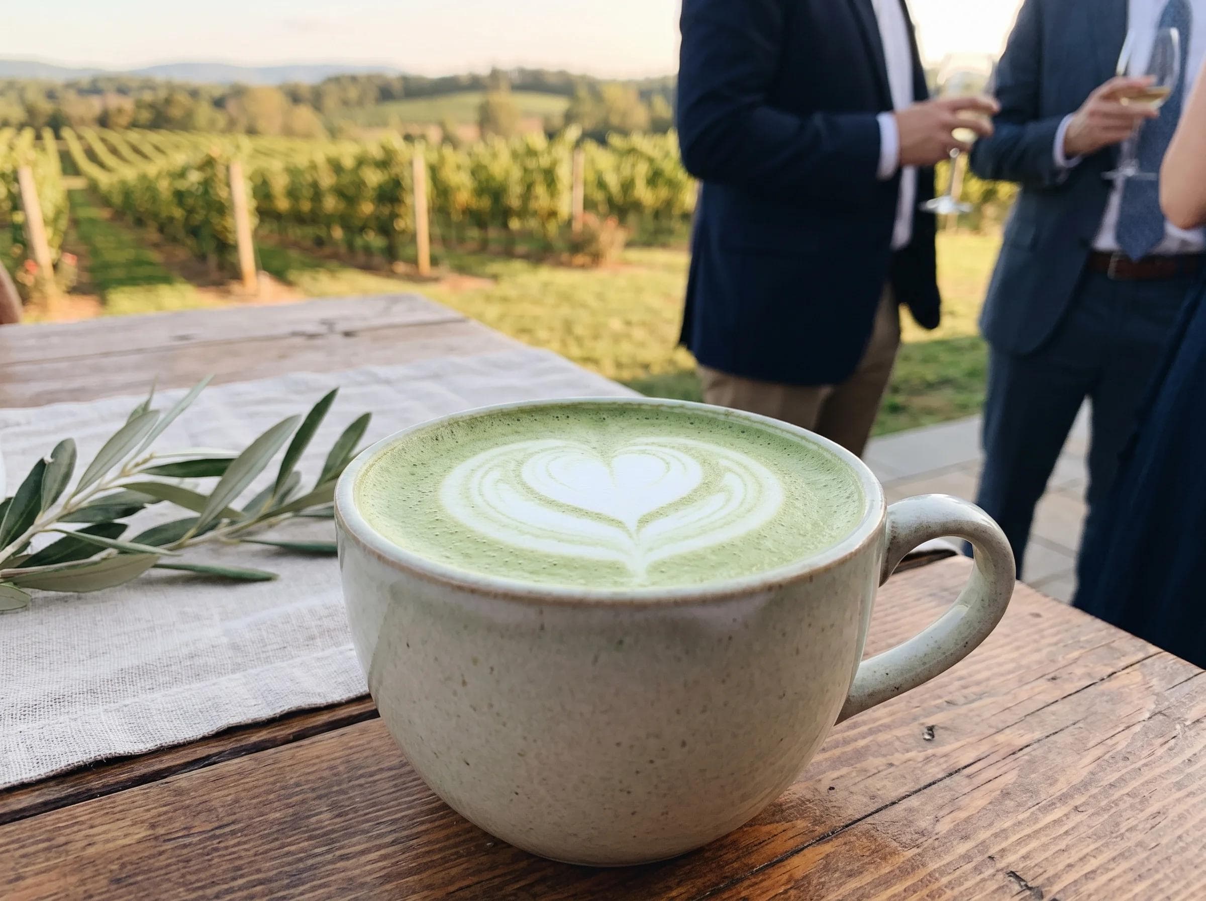 Close-up of a matcha latte with latte art at a vineyard wedding reception in Haymarket Virginia, rows of grapevines softly blurred behind