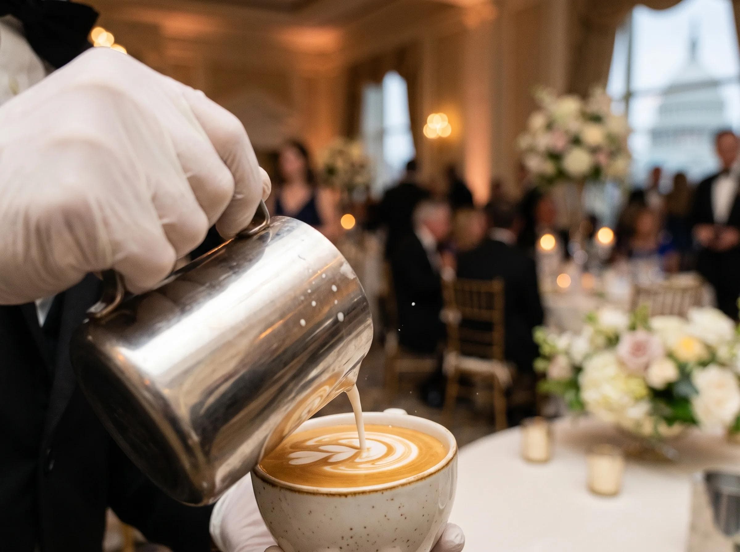 Close-up action shot of latte art being poured mid-motion at a luxury DC event, shallow depth of field, editorial photography style