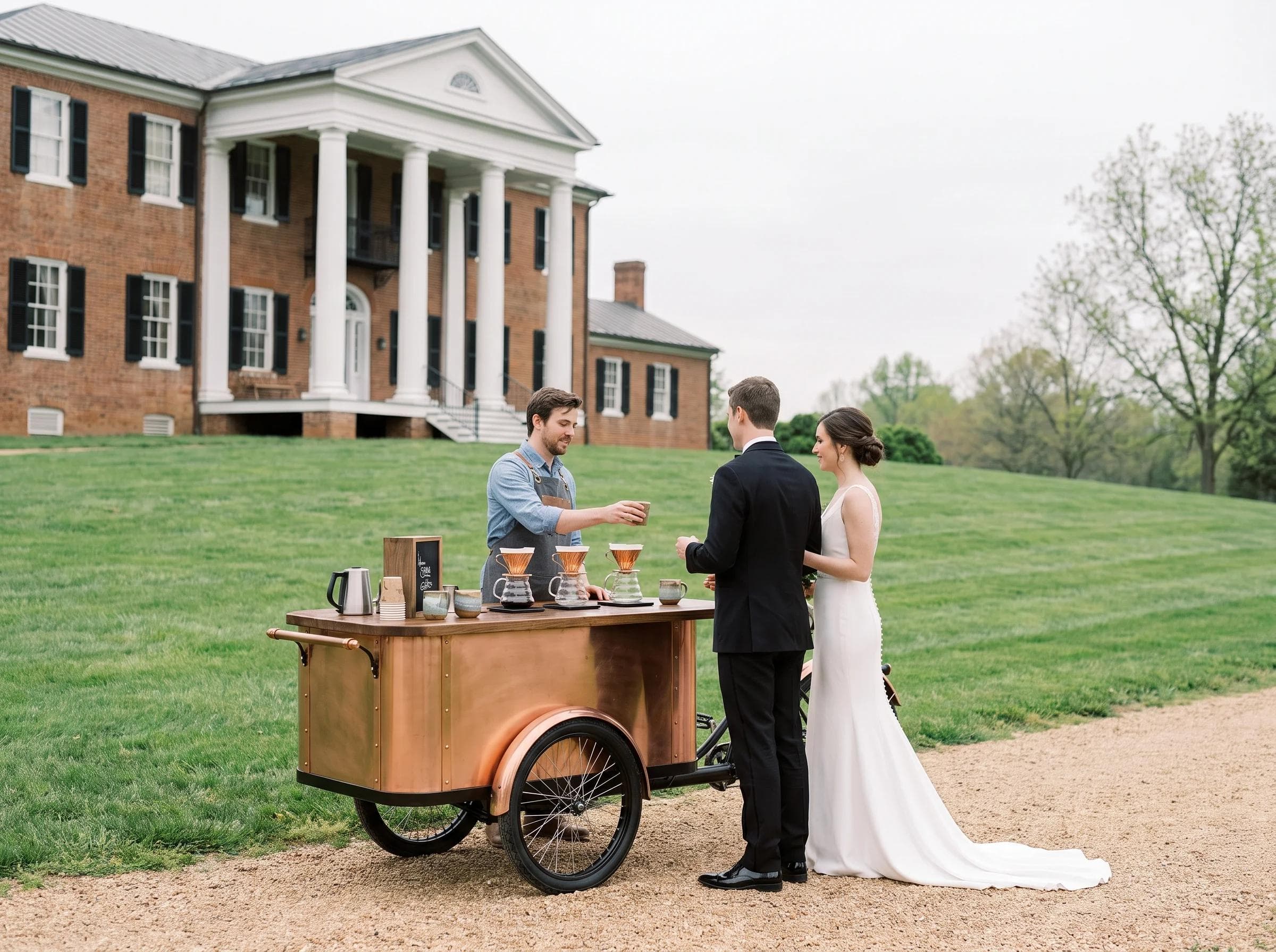 Historic mansion wedding coffee cart in Manassas Virginia, columned entrance and manicured lawn softly blurred in the background, elegant copper styling