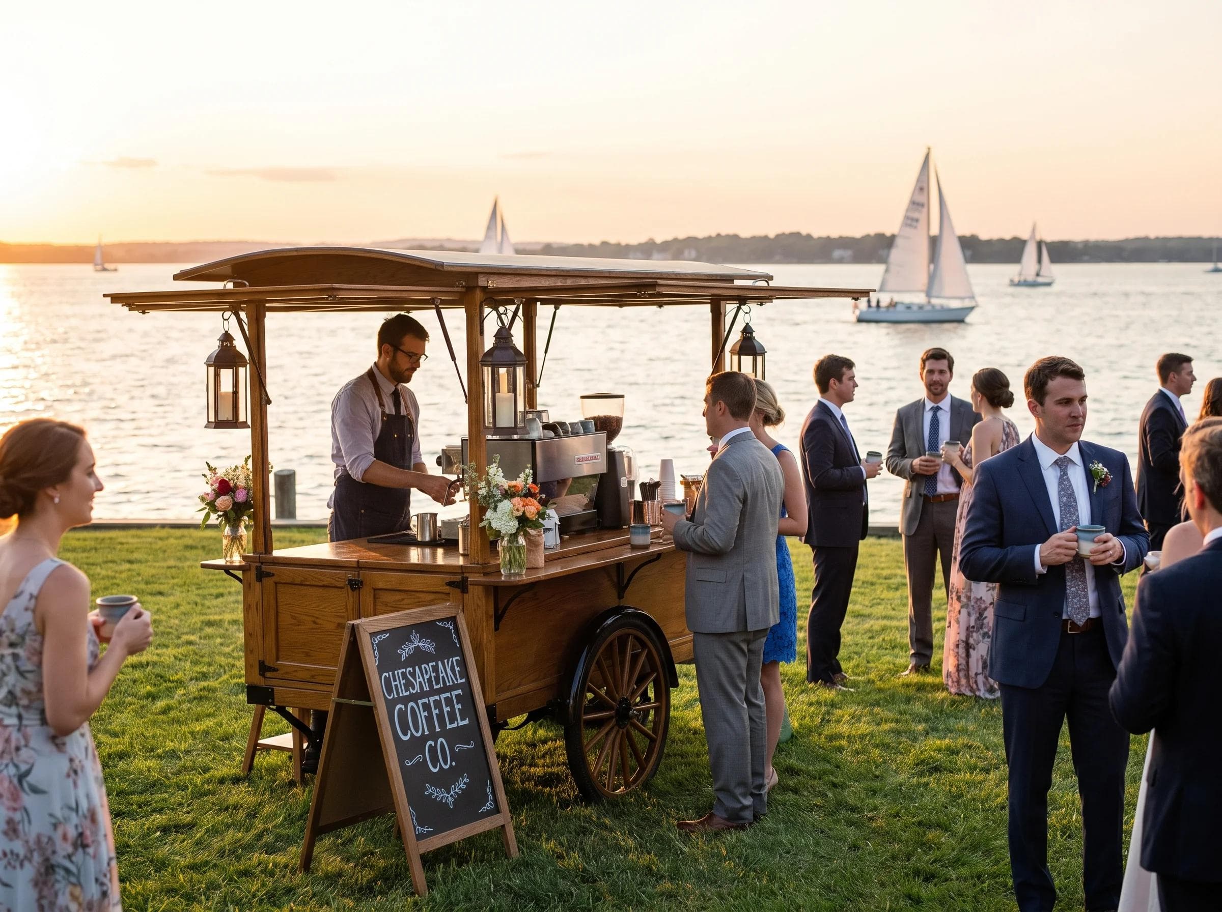 Waterfront mobile coffee cart at a Chesapeake Bay wedding reception in Annapolis Maryland, sailboats and water visible at golden hour