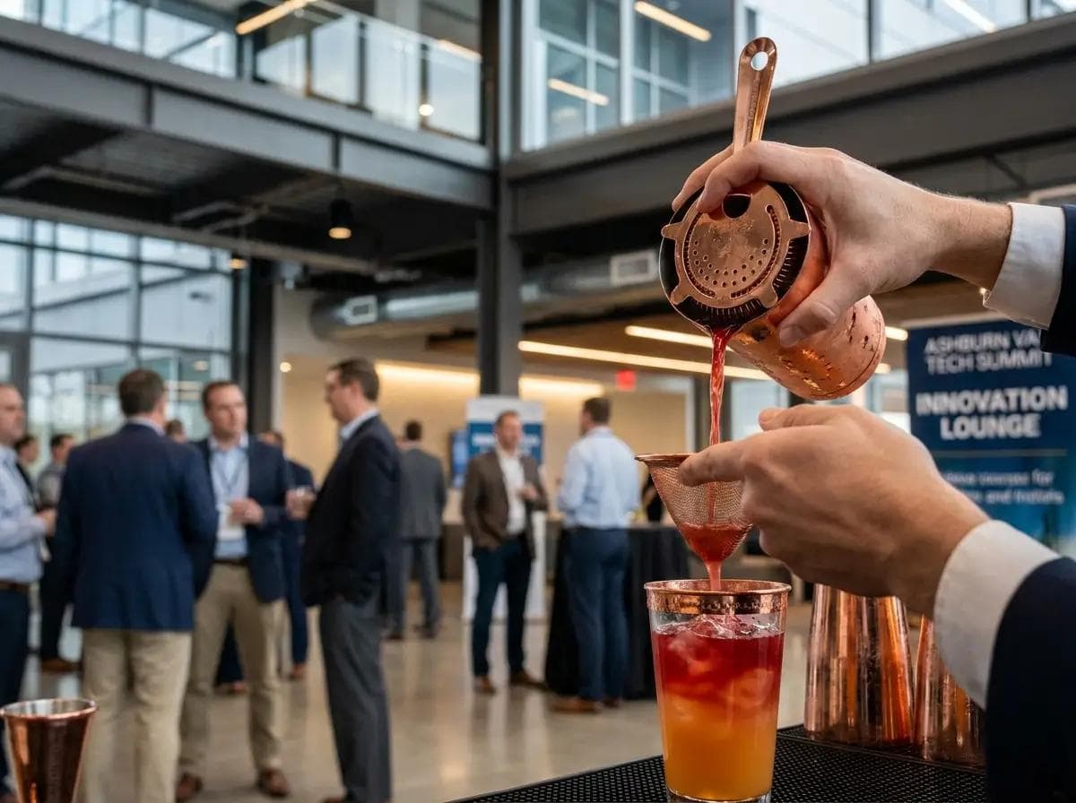 Close-up of a craft beverage bar at an Ashburn Virginia tech corridor corporate event, contemporary mixed-use venue interior softly blurred behind