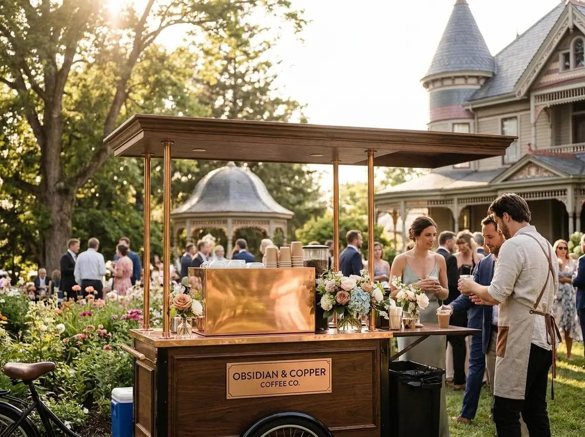 Victorian mansion wedding coffee cart in Silver Spring Maryland, 1913 Blair Mansion Inn architecture and garden gazebo softly blurred in the background