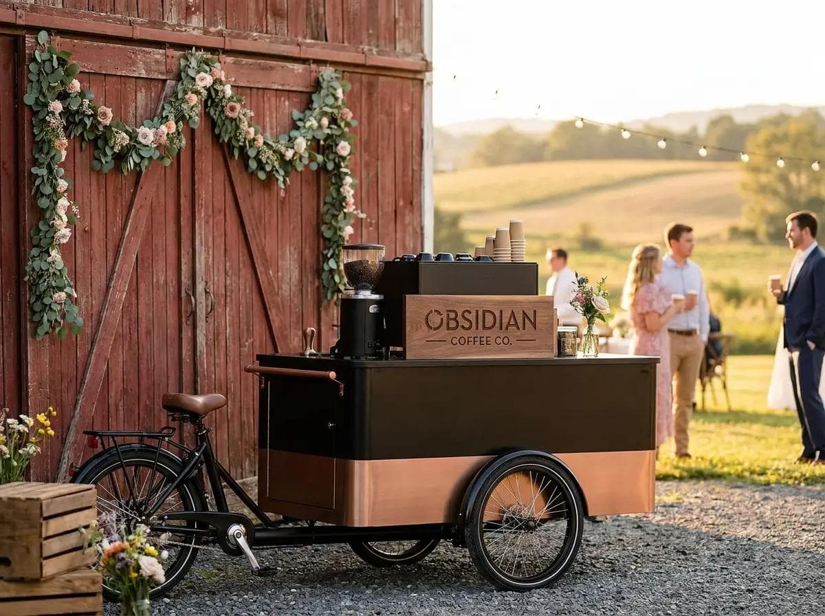 Modern coffee cart at a rustic barn wedding venue in Ashburn Virginia, farmhouse architecture and rolling Loudoun County countryside in the background