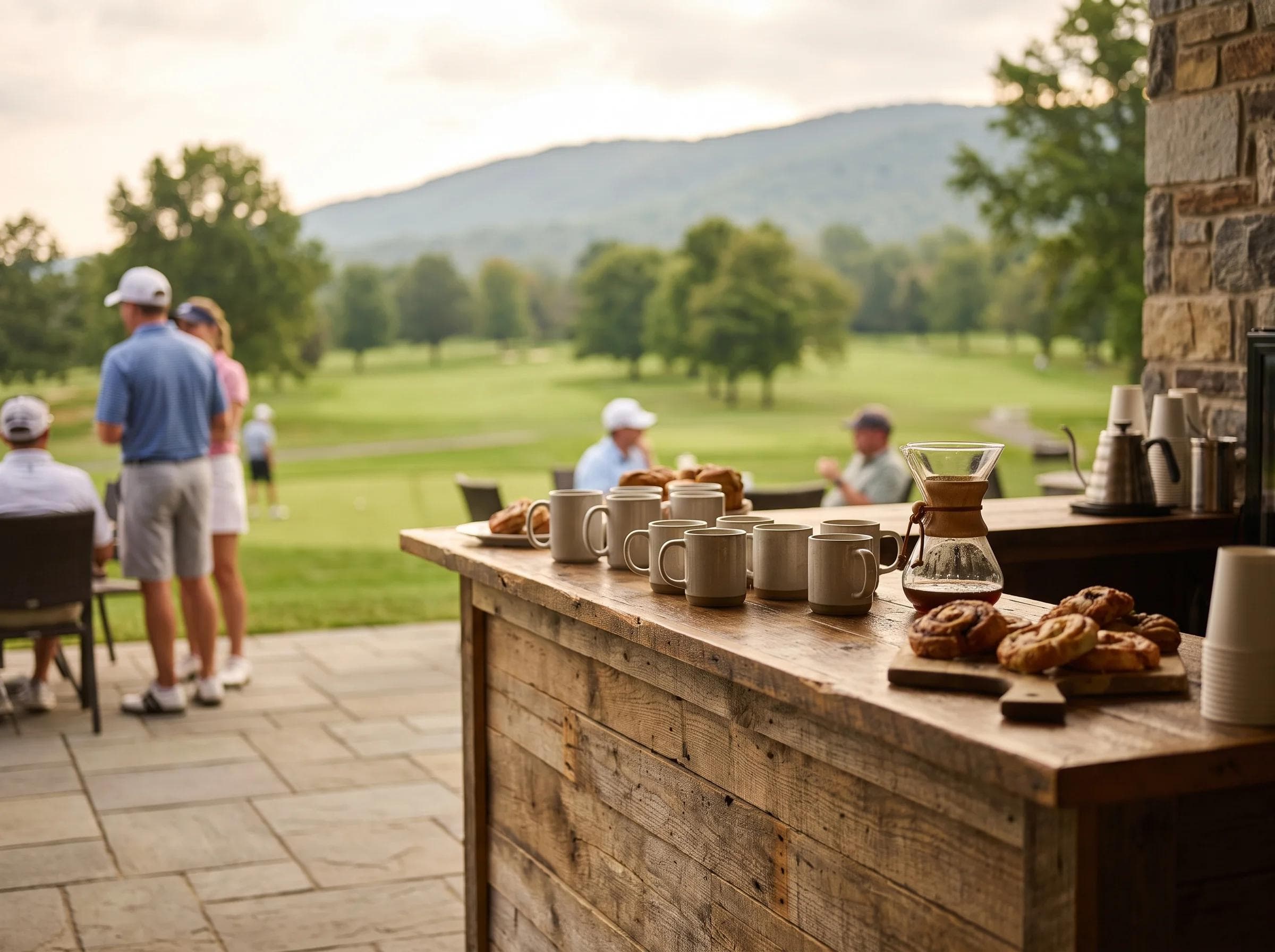 Close-up of a golf club patio coffee bar in Frederick Maryland, green fairways and mountain ridgeline visible in soft-focus background