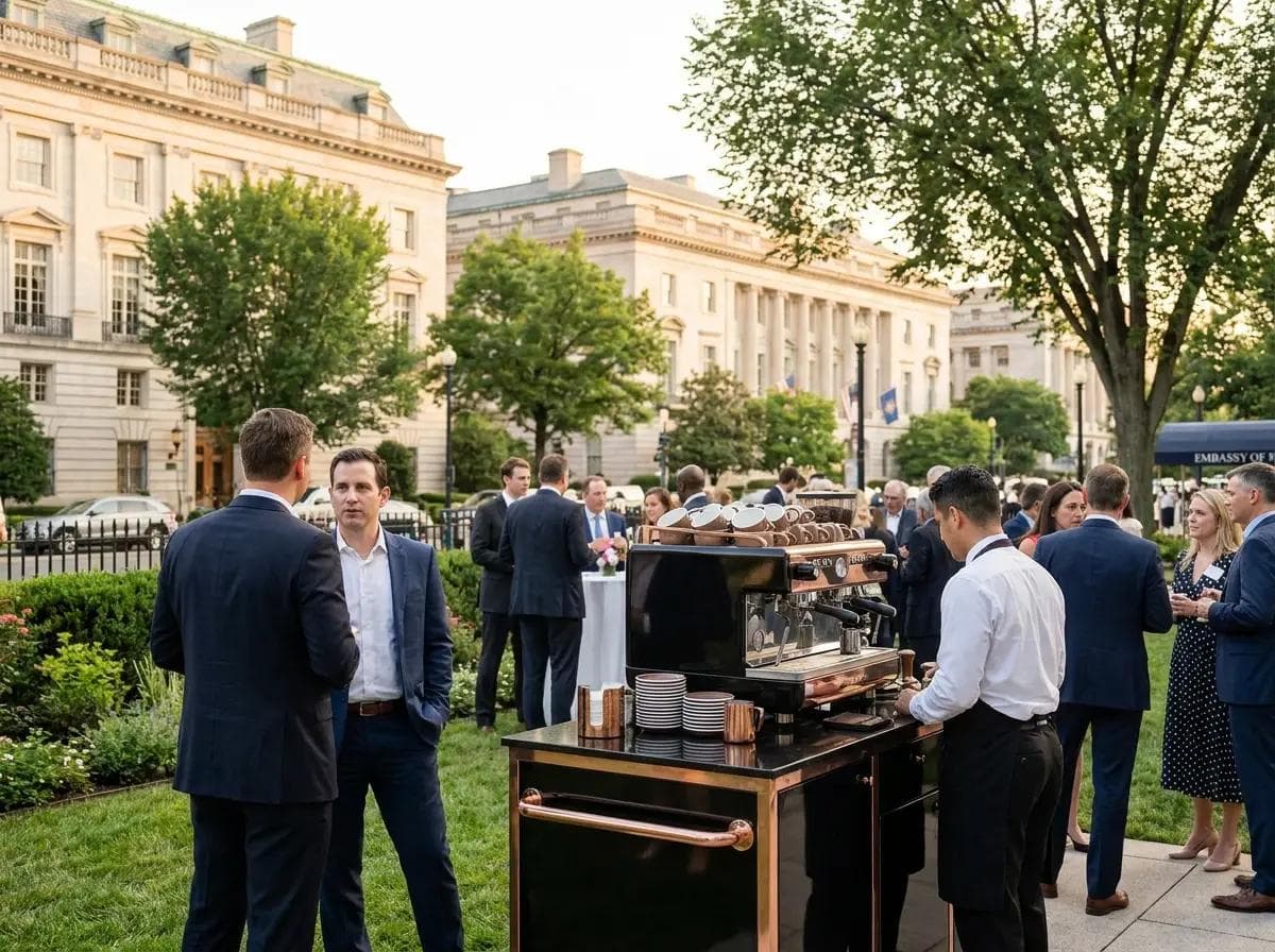 Elegant mobile coffee cart at a Dupont Circle DC diplomatic reception, Embassy Row mansion architecture and mature elm trees softly blurred in the background