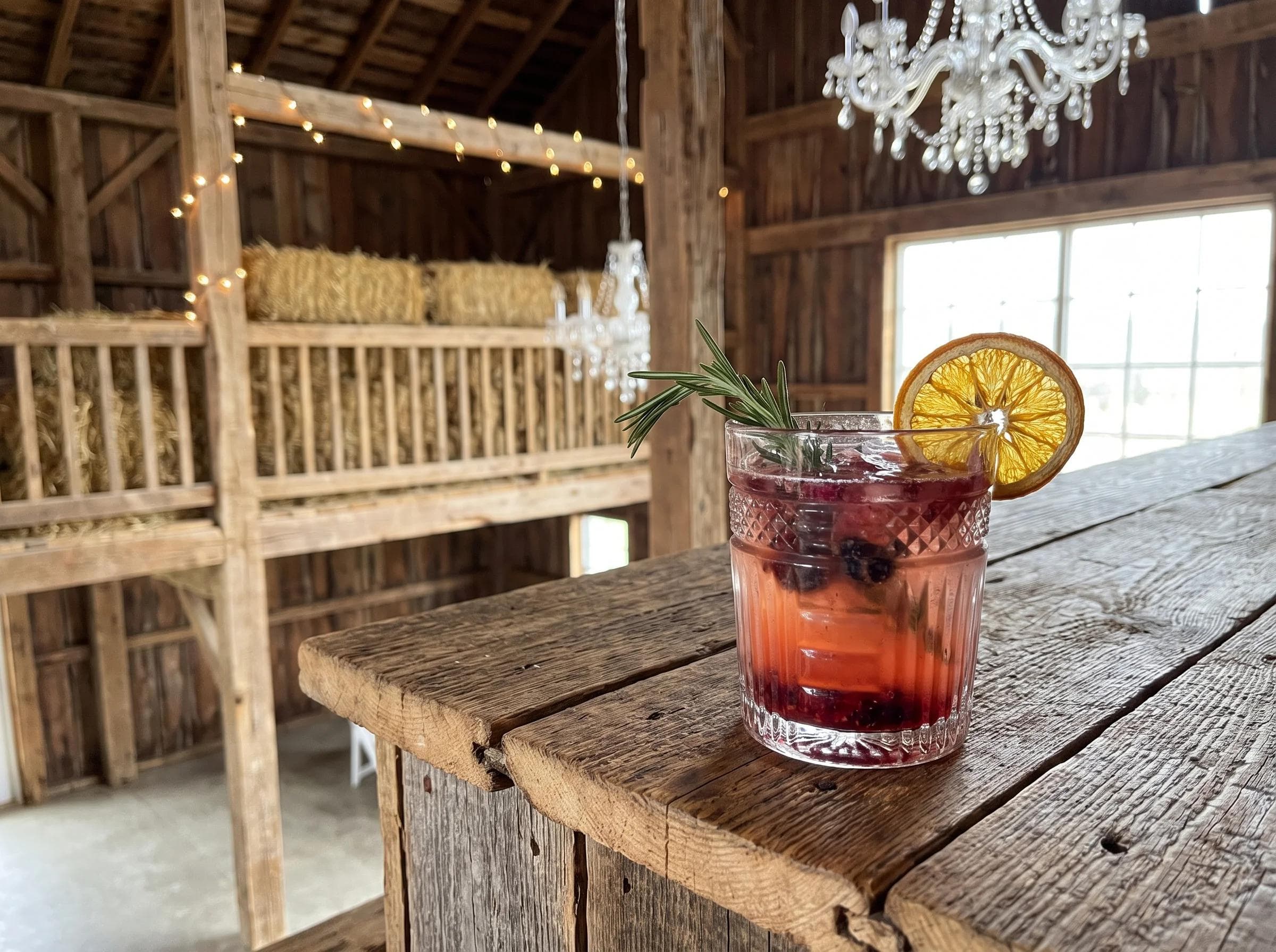 Rustic barn wedding beverage bar in Manassas Virginia with hayloft and crystal chandeliers, close-up of a signature mocktail garnish