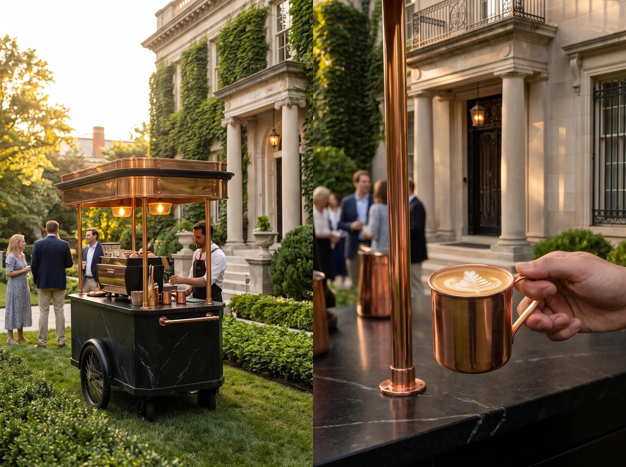 Elegant obsidian and copper mobile coffee cart set up in a historic Washington DC mansion garden at golden hour, latte art in a copper cup, embassy-style architecture in soft-focus background