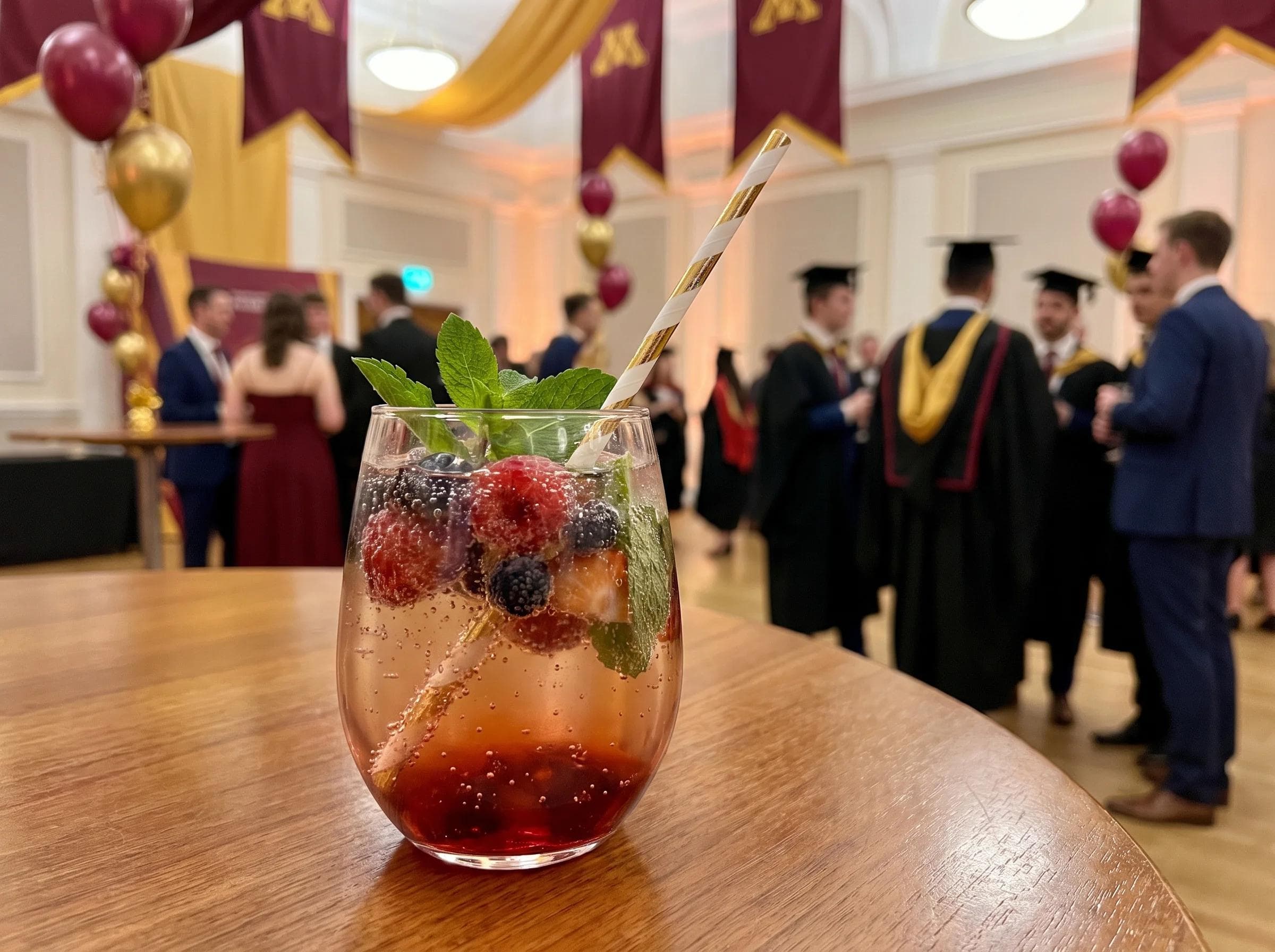 Close-up of a celebratory mocktail at a graduation reception in College Park Maryland, university ballroom decor softly blurred behind
