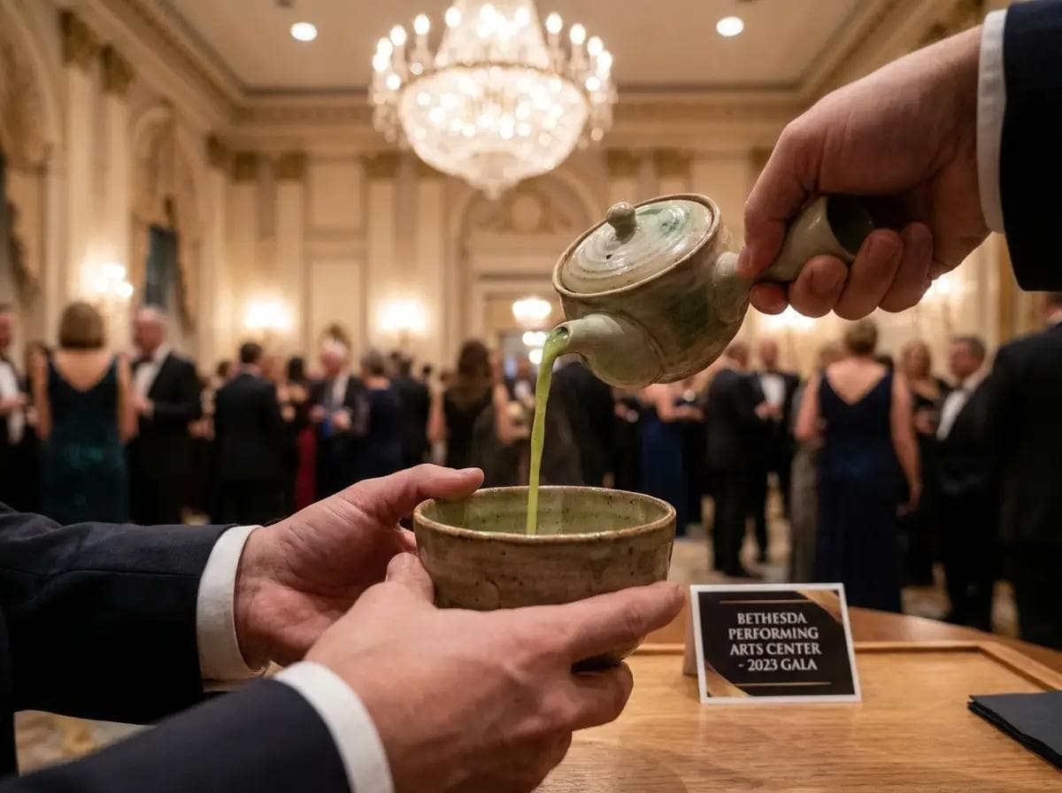Close-up of a matcha pour at a Bethesda Maryland performing arts reception, Strathmore Music Center interior with grand chandeliers softly blurred behind