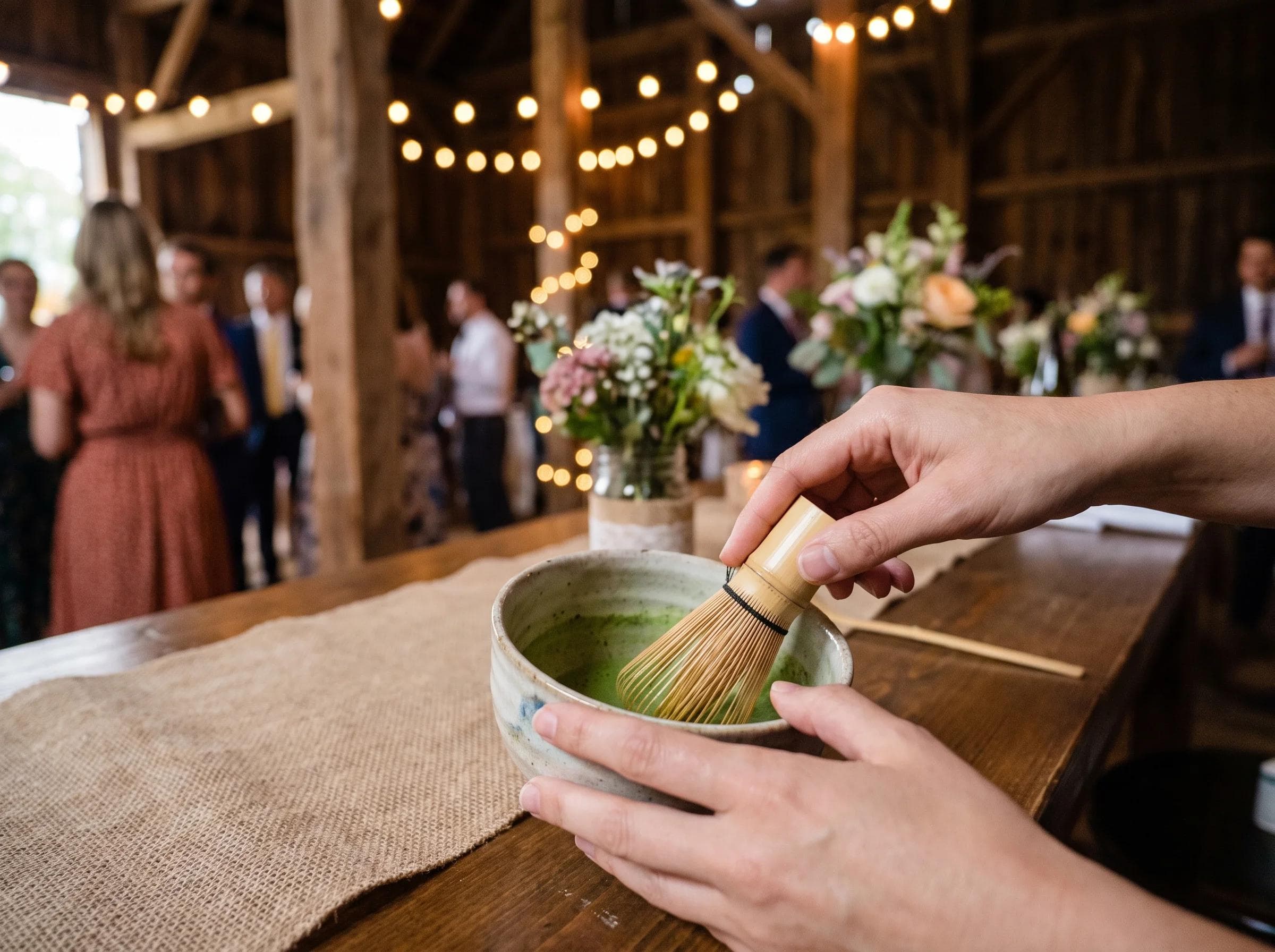 Close-up of ceremonial matcha being whisked at a barn wedding reception in Leesburg Virginia, string lights and wooden beams softly blurred behind