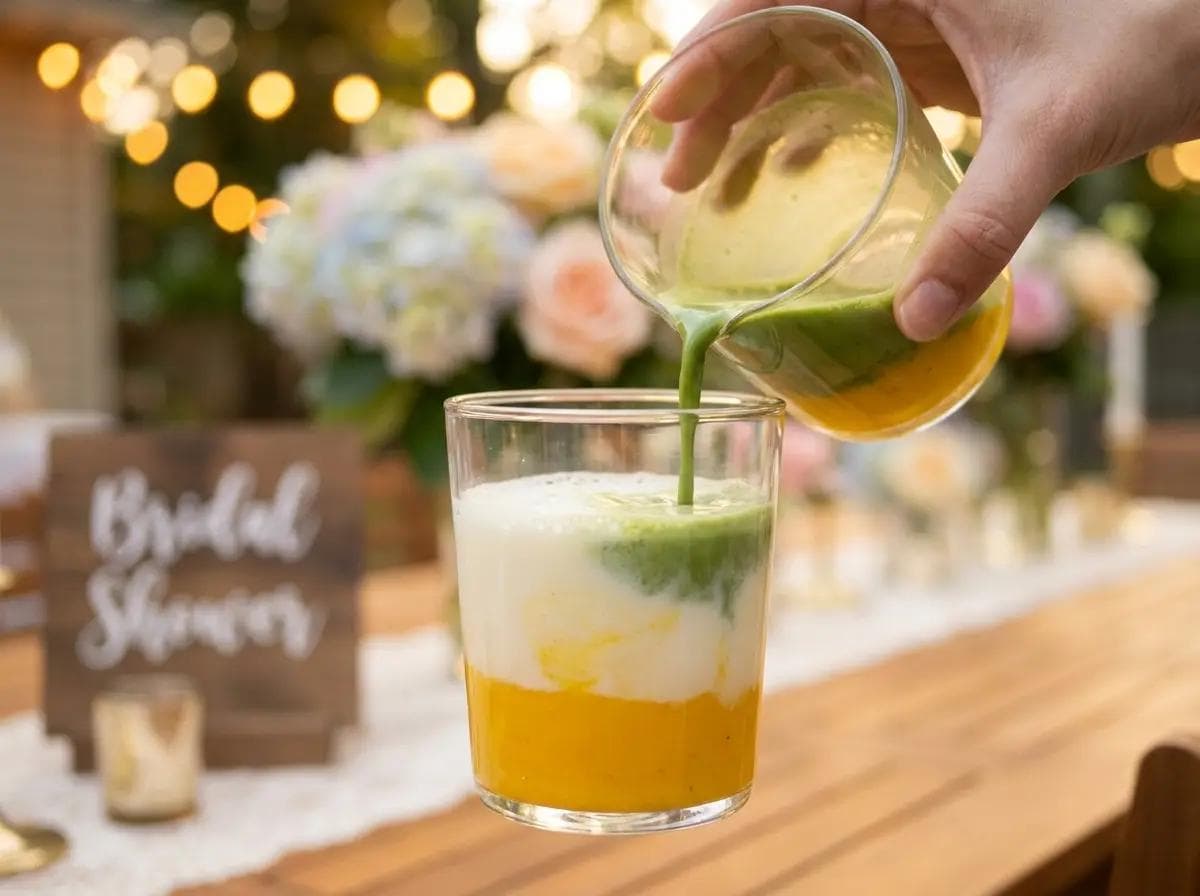 Close-up of a vibrant mango matcha being prepared at a bridal shower in Oakton Virginia, garden string lights and summer florals softly blurred behind